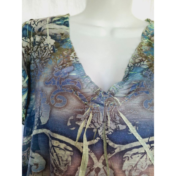 Women's energe Top XL Blue Green bohemian floral Y2K 90s - Picture 2 of 5